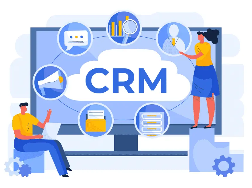 Animated image of a woman and man pointing at a sign that has CRM in the middle of other little icons